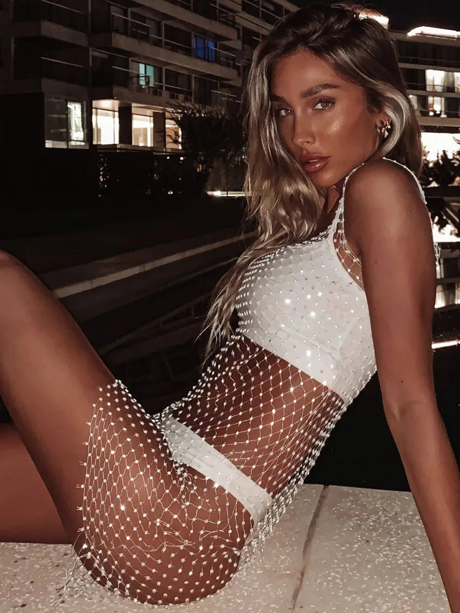 Fishnet Rhinestone V neck short Dress