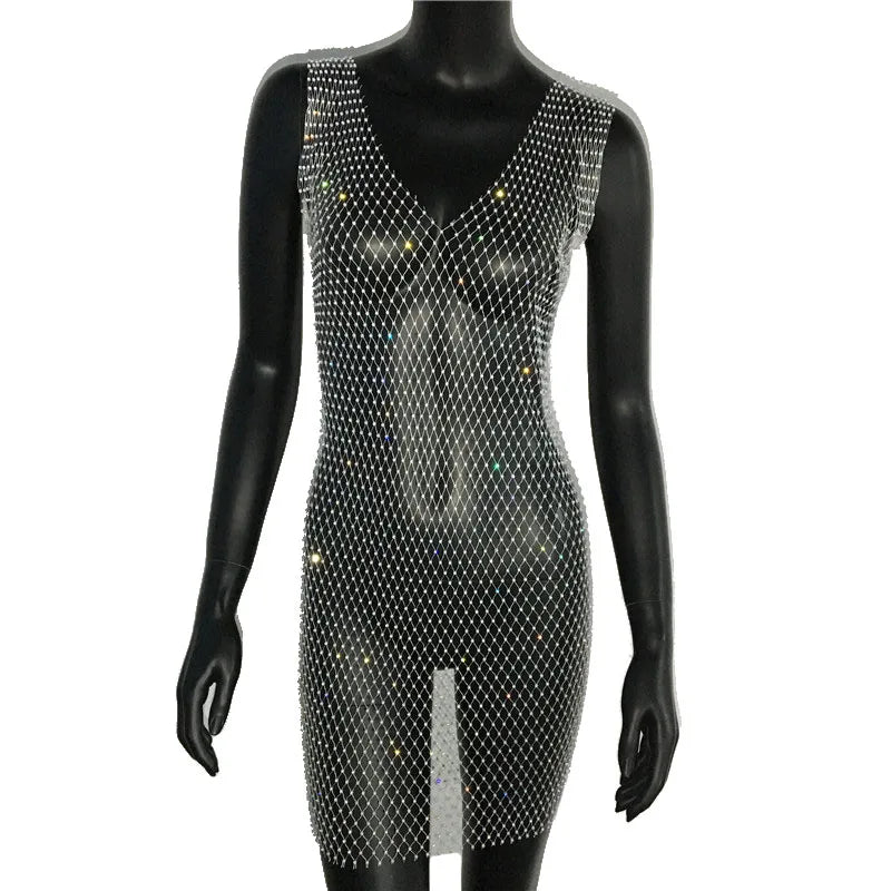 Fishnet Rhinestone V neck short Dress